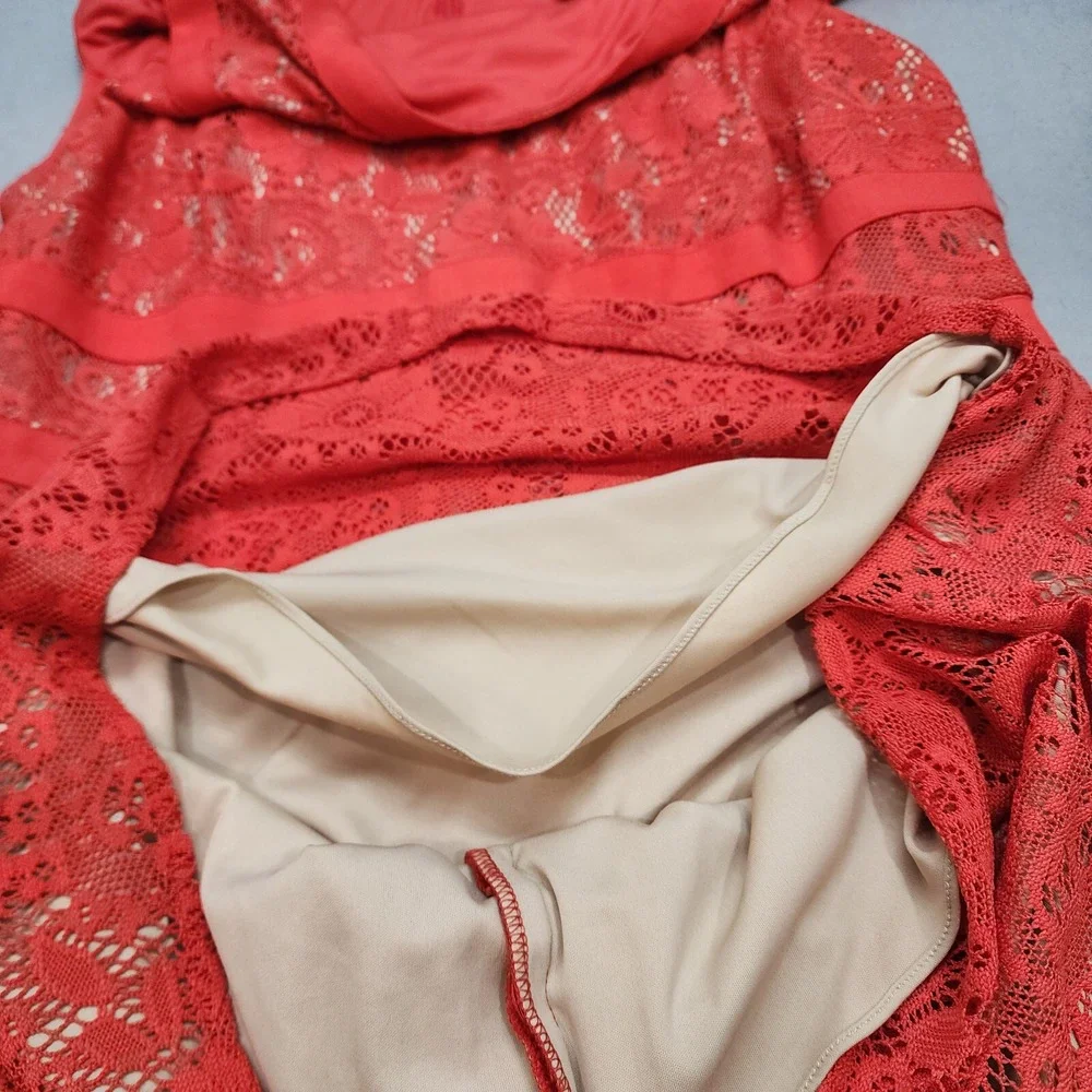 Adrianna Papell Lace Sheath Dress Coral Ribbon Trim Women Size 14